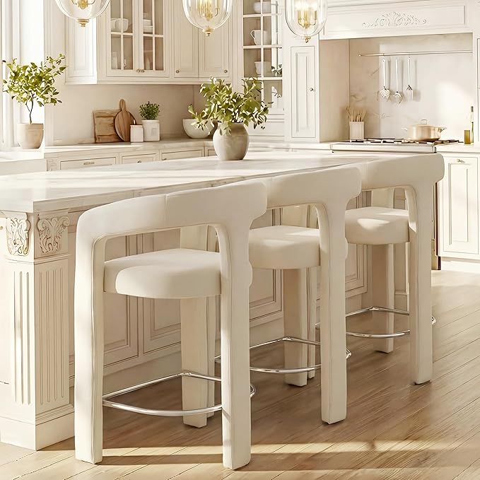 HNY 26 Inch Velvet Modern Tall Barrel Bar Stools Set of 3, Upholstered Barstools with Open Backs, Counter Height Bar Stools Chairs with Armrest for Kitchen Island, White