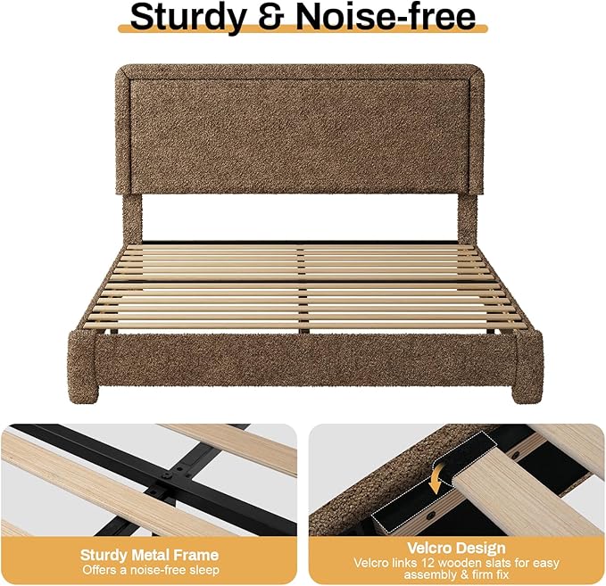 WEUP Queen Size Boucle Bed Frame, Upholstered Cloud Bed Frame with Adjustable Headboard, Soft Rounded Corners, No Box Spring Required, Easy Assembly, Coffee