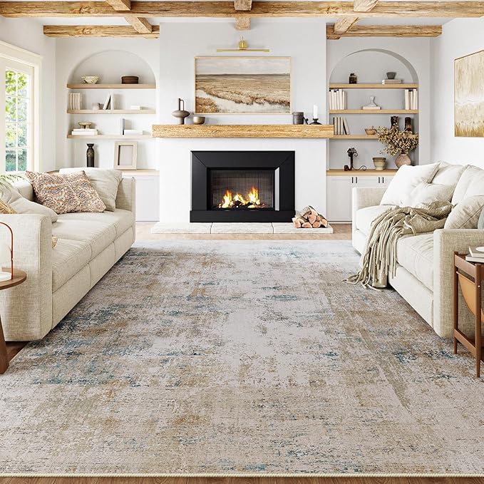 6x9 Washable Area Rug Beige Blue Abstract Non Slip Soft Low Pile Rug for Living Room Bedroom Dining Room Office Neutral Modern Indoor Throw Carpet for Home Decor