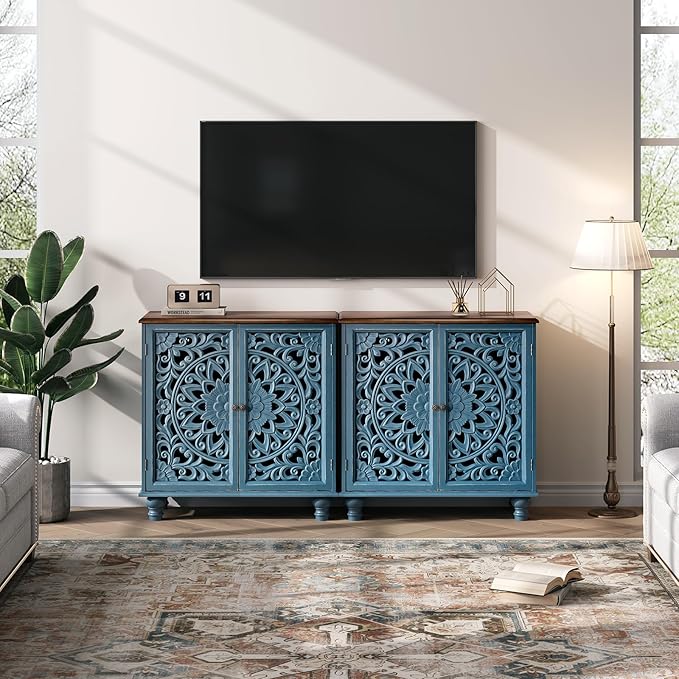 JOINICE Blue Accent Cabinet with Carved Doors, 31" Storage Cabinet for Entryway & Living Room, Vintage Sideboard Buffet Table with Adjustable Shelf, Solid Wood Legs, Boho Home Decor