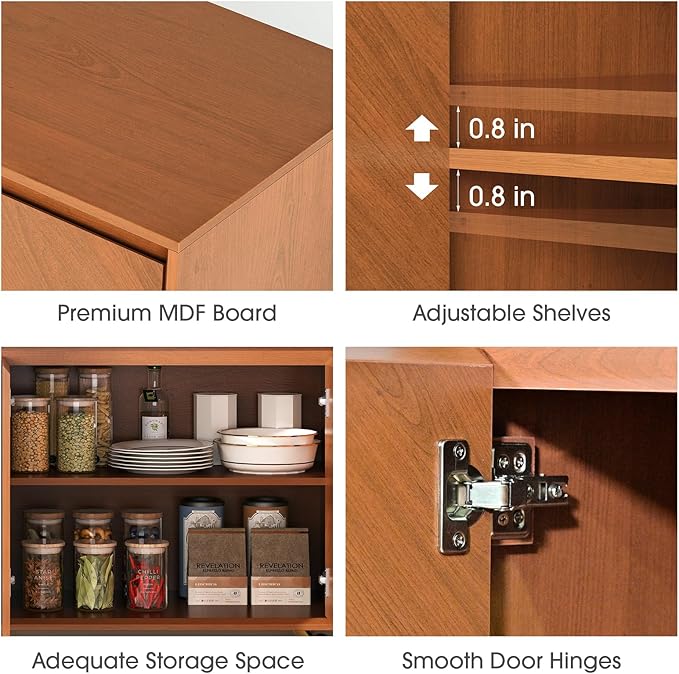 JOINICE Storage Cabinet, 59" Sideboard Buffet Cabinet with 4 Doors, Mid-Century Modern Wood Accent Cabinet, Chevron Pattern Credenza for Dining Room, Living Room, Entryway, Brown