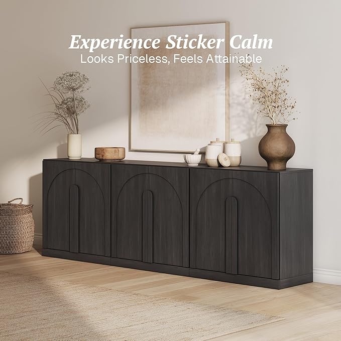 BELLEZE Bijou Modular Media Console Wall Unit (94.5" Wide)-Extra Long Entertainment Center & Storage System-Arched Door Sideboard for Living Room & Office-Hides All Clutter, Ebony
