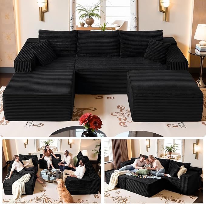 Black Sectional Couch with Ottoman, 108" Cloud Modular Couch for Living Room, Modern U-Shaped Sofa, No Assembly Required - Plush Corduroy Fabric & Deep Seat Comfort (Right Facing Chaise)