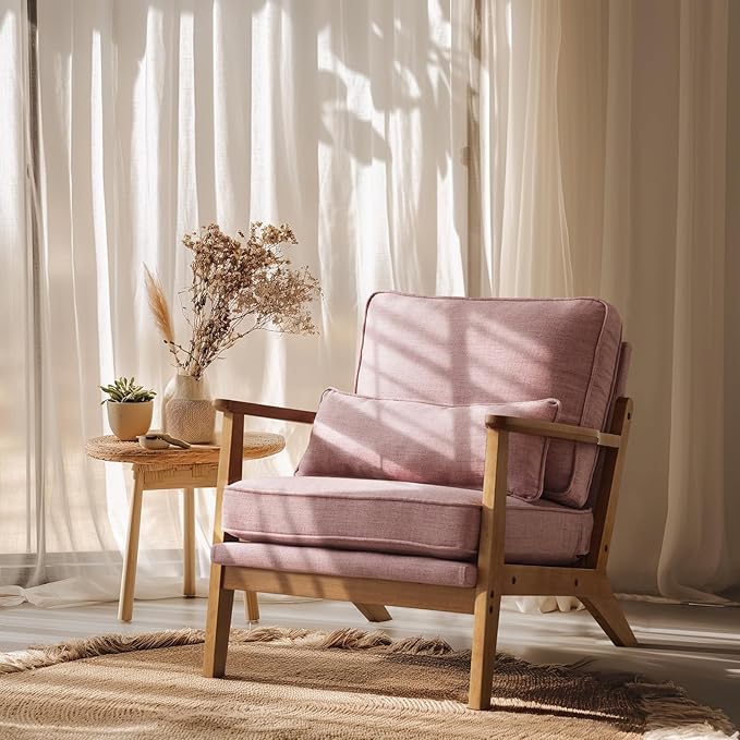 VINGLI Solid Wood Wide Armrests Accent Chair,Upholstered Mid Century Modern Chair with Pillow,Comfy Reading Chair Farmhouse Arm Chair,Chairs Living Room,Bedroom,Guest Room,Linen Fabric,Peachy Red