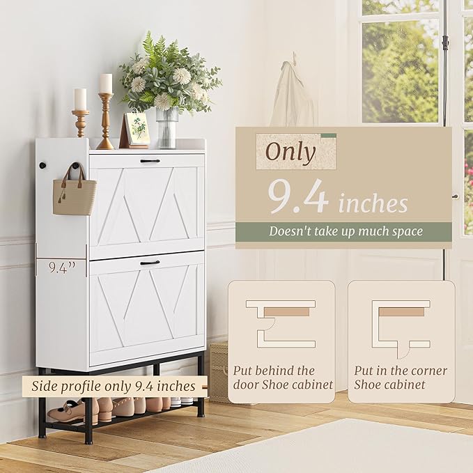 Cozyman Narrow Shoe Storage Cabinet with 2 Flip Drawers & Adjustable Shelf for Entryway, Freestanding Hidden Slim Shoe Organizer Rack, White