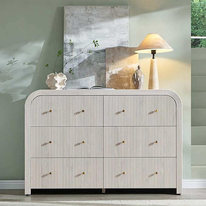 T4TREAM Fluted 6 Drawers Dresser for Bedroom, 54" Wide Modern Chest of Drawers with Thickened Curved Profile Design, Wood Dressers TV Stand for Bedroom, Living Room, Hallway, Alder White