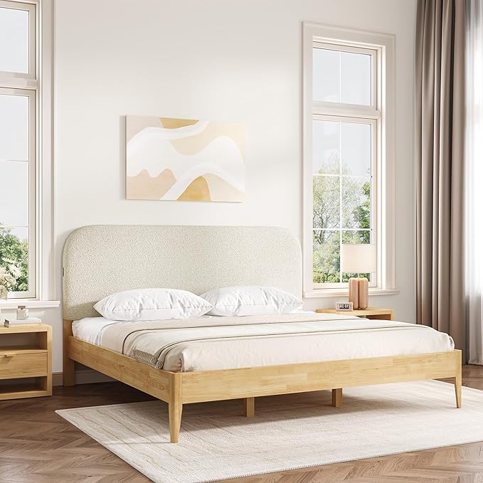KISLOT Wood Bed Frame with USB & Type-C Charging, Boucle Platform Bed with Upholstered Headboard Mattress Foundation No Box Spring Needed Easy Assembly