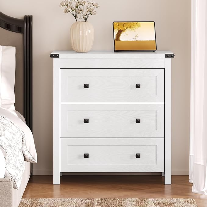 BORNOON 3-Drawer Dresser, Small Wooden Chest of Drawers with Metal Knobs, Water-Resistant Top, Storage Organizer with Anti-Tip Kit for Bedroom, Nursery, Living Room