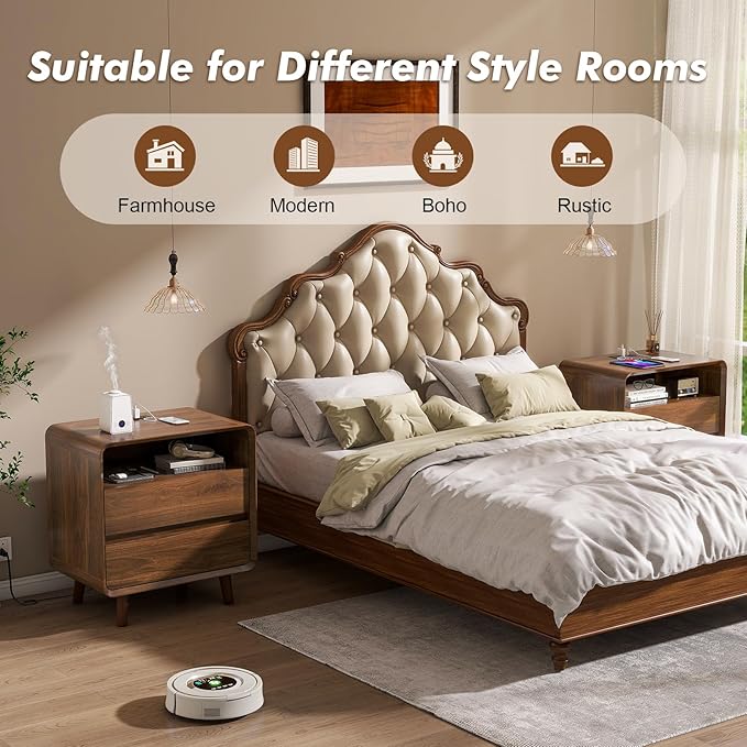 Nasonet Mid Century Modern Nightstand with Charging Station, Wood Bedroom End Tables Set of 2 Nightstands with Drawers, Curved Bedside Table for Living Room, Bedroom, Walnut