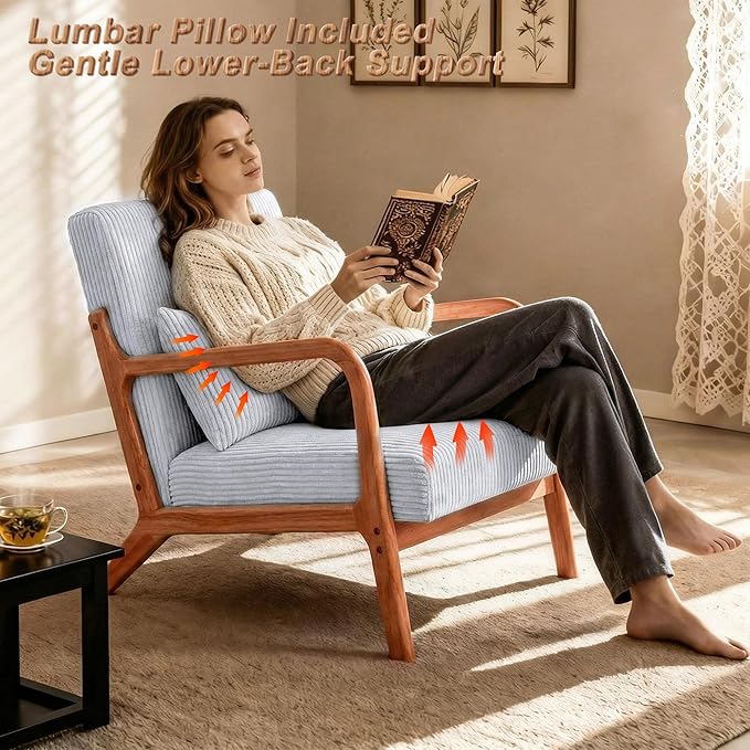 Set of 2 Mid Century Modern Accent Chair with Solid Rubberwood Frame, Comfy Corduroy Reading Armchair with Lumbar Pillow, Compact Lounge Chair for Bedroom, Nursery & Small Spaces, Light Grey