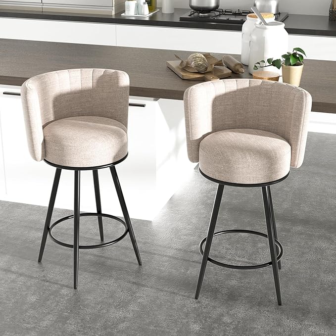 HONIFUR Bar Stools Set of 2, Counter Height Barstools with Back & Footrest Metal Legs, Counter Stools for Kitchen Island, Counter, Cafes, Dining Room (Swivel, Beige)