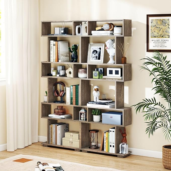 Giantex 6-Tier Geometric Bookshelf, S-Shaped Bookcase with 2 Anti-Tipping Kits, Wooden Display Shelf, Decorative Storage Shelving Unit, Home Storage Organizer for Office Living Room (1,Oak Grey)