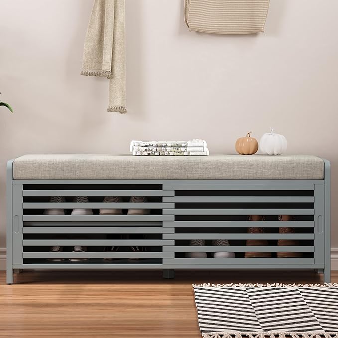 LUMISOL Shoe Bench with Storage and Cushion, Farmhouse Distressed Shutter Storage Bench with Retro Charm for Living Room, Entryway, Grey