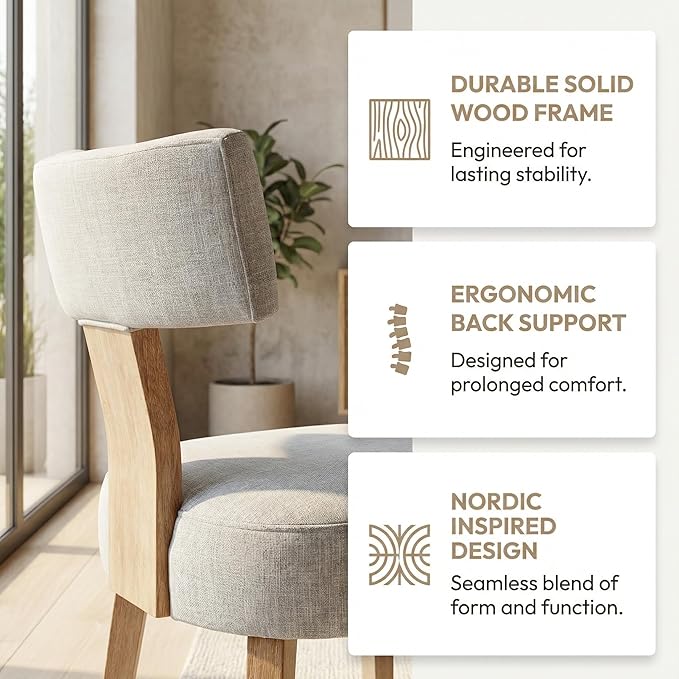 HNY Set of 6 Mid Century Modern Dining Chairs, Farmhouse Linen Fabric Upholstered Accent Chair Curved Backrest Kitchen Chairs, with Hardwood Frame, Grey, 6PC