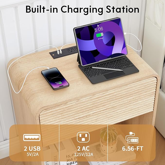 XUZENEST Fluted Nightstand Set of 2 with Charging Station, Modern Bed Side Table End Table with Drawer Storage, Large Wooden Night Stands Bedside for Bedroom Living Room Sofa Office, Natural 2 Sets