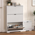 HUANLEGO Shoe Cabinet Storage for Entryway with 4 Flip Drawers, White Fluted Shoe Cabinet with Bench, Wooden Hidden Shoe Rack Freestanding Narrow Slim Shoes Storage Organizer for Hallway, Entrance