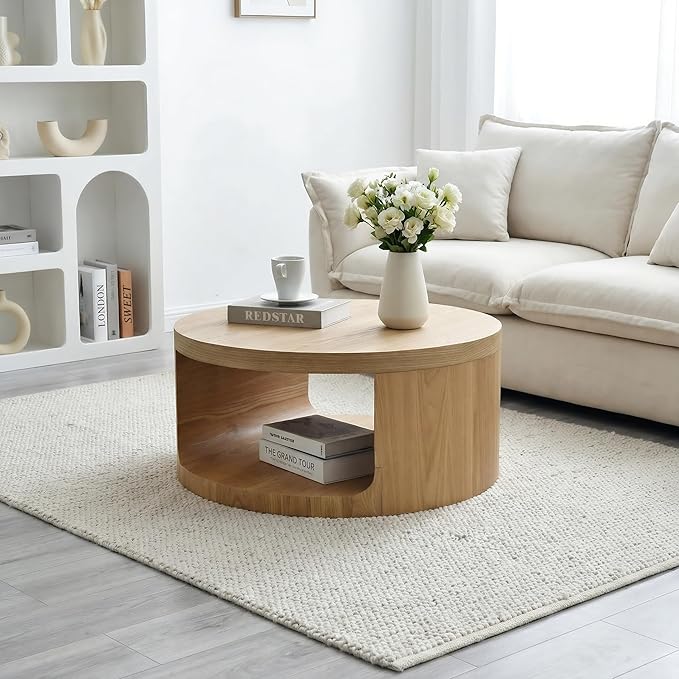 Round Coffee Table with Storage, 31" Modern Living Room Table, 2 Tier Circle Wood Center Tables for Apartment, Living Room, Open-Style Storage Tea Tables, 31"*14.1" (Nature Wood)