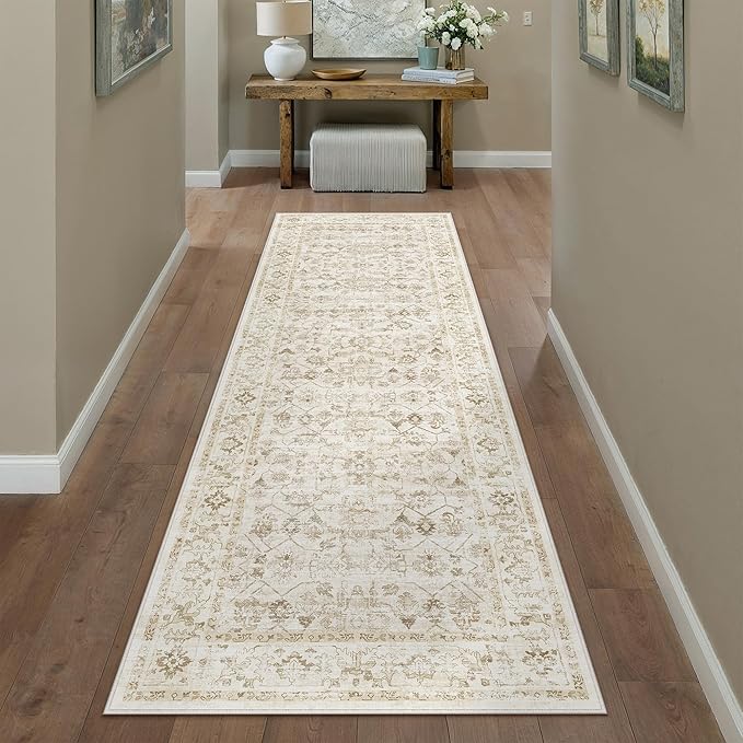 2x8 Beige Washable Neutral Runner Rug for Living Room Long Floral Non Slip Runner Area Rug Modern Low Pile Stain Resistance Indoor Carpet Doormat Hallway Kitchen Stair Bedroom Bathroom