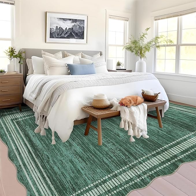 Garvee Scalloped Modern Christmas Area Rug 9x12 Large Washable Rug for Living Room, Non-Slip Soft Carpet for Bedroom, Scalloped Low-Pile Christmas Print Accent Rug for Dining Room Home Office, Green