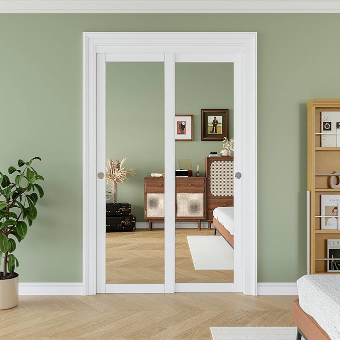 48" x 80" Sliding Closet Door, 1-Lite One-Side Mirror Bypass Door Panel with Hardware Track Kit & Floor Guide, Solid Wood Slab Pre-Assembled with PVC Surface, Silver Round Handle