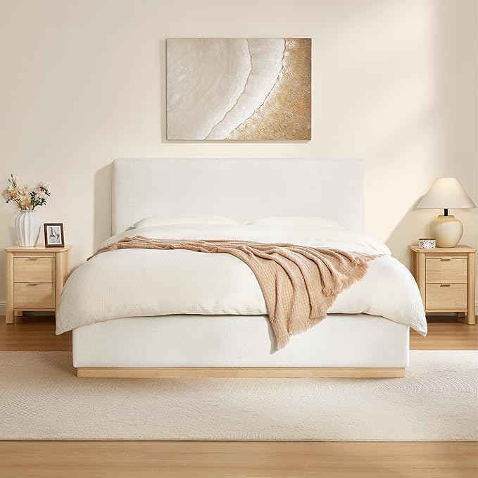 KISLOT Upholstered Queen Size Bed Frame, Boucle Fabric Platform Bed Mattress Foundation Noise-Free No Box Spring Needed Easy Assembly