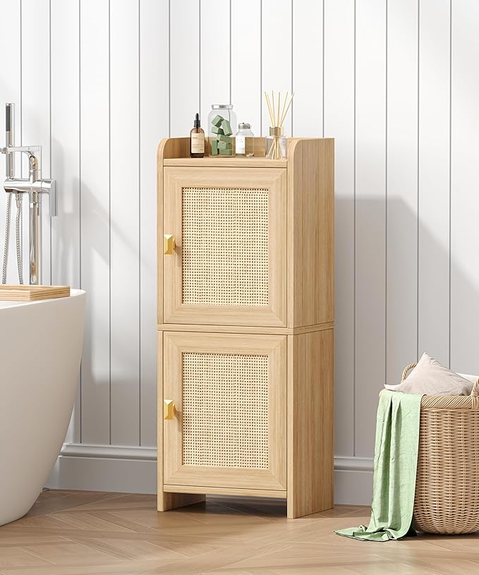 Akxomel Rattan Small Bathroom Cabinet with 2 Doors, 7.9''D x 11.8''W Narrow Toilet Paper Storage Cabinet, Bathroom Organizer for Small Space, Wooden Slim Corner Unit with Adjustable Shelf, Natural Oak