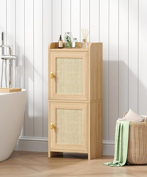 Akxomel Rattan Small Bathroom Cabinet with 2 Doors, 7.9''D x 11.8''W Narrow Toilet Paper Storage Cabinet, Bathroom Organizer for Small Space, Wooden Slim Corner Unit with Adjustable Shelf, Natural Oak