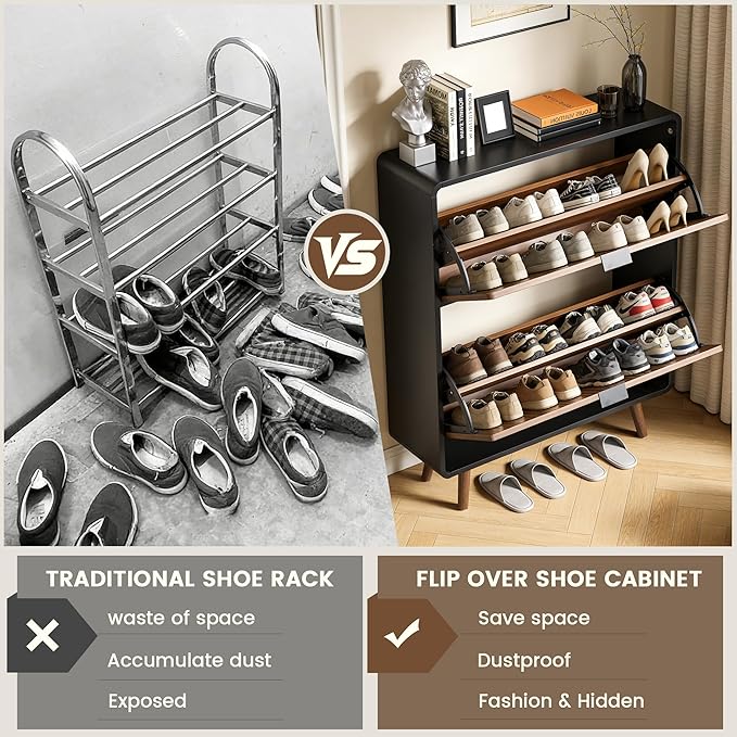 FurSch Fluted Shoe Storage Cabinet with 2 Flip Drawers, Narrow Shoe Rack Cabinet Organizer with Adjustable & Removable Shelves for Entryway (Walnut and Black, 2 Drawers)