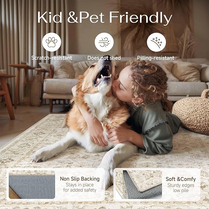 4x6 Beige Washable Neutral Area Rug for Living Room Soft Floral Non Slip Throw Rug Modern Low Pile Stain Resistance Indoor Carpet Entrance Laundry Dining Room Bedroom Office Playroon