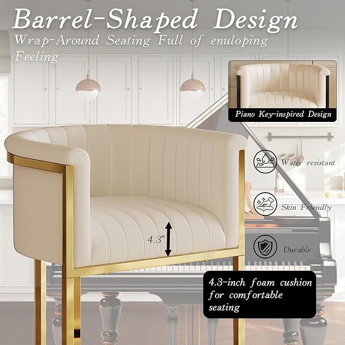 Modern Counter Height Bar Stools,Bar Stools Set of 3,Fabric Upholstered Barrel Barstools with Backs and Arms,26'' Kitchen Island Chairs,Mirror Champagne Gold Base/Beige White Linen