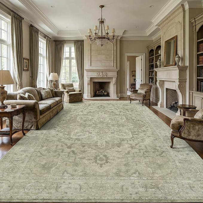 Homemate Washable Rug 10x12 Area Rugs - Vintage Faux Wool Rugs for Living Room Bedroom Dining Room - Non Slip Foldable Carpet Indoor Area Rug for Home Decor（10'x12', Green