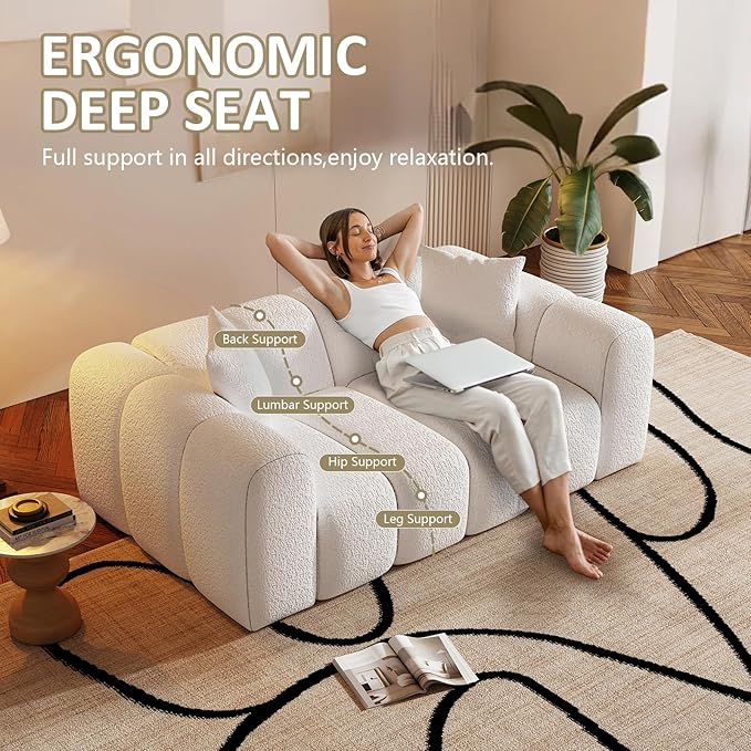 WHGBJA 70" Modern Chenille Fabric Sofa Couch – One-Piece Memory Foam 3-Seater Sofa with Rounded Arms, Soft & Cozy Upholstery for Living Room (White)