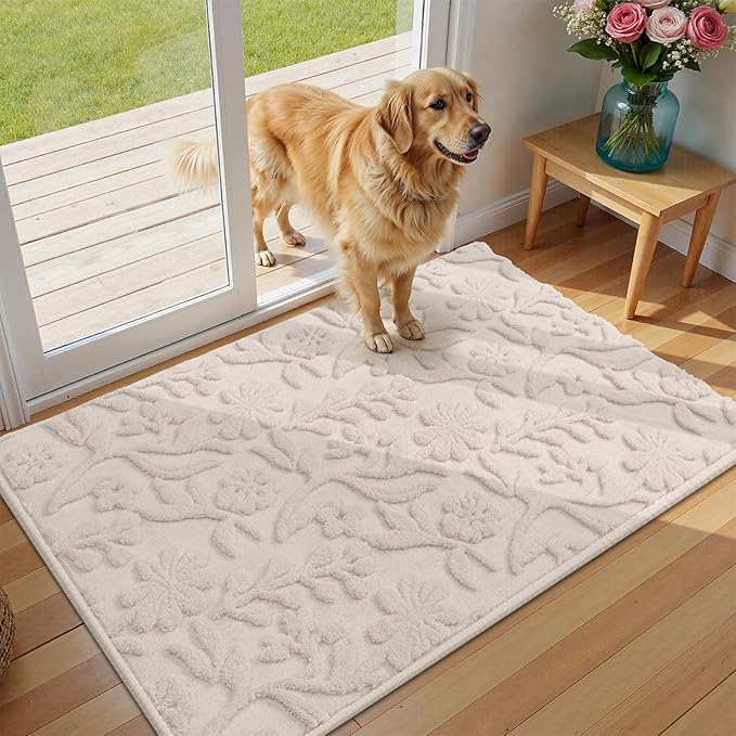 Vaukki 2x3 Runner Rug for Living Room, Soft Fluffy Washable Modern Floral Indoor Floor Mat, Non Slip Shaggy Boho Accent Throw Carpet for Bedroom, Living Room, Entryway and Dining Room, Beige