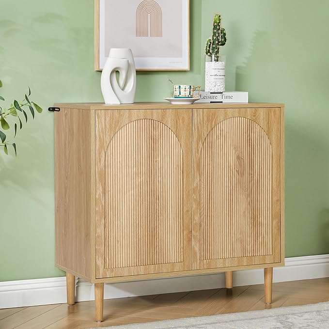 Bifins 31.5” Fluted Sideboard Buffet Cabinet with Storage,Mid Century Modern Small Wood Storage Cabinet with Arched Profile for Dining Room Kitchen Living Room (Natural 1pc)