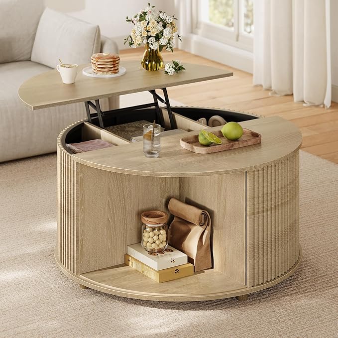 Round Lift Top Coffee Table, 34.6" Modern Coffee Table with 180° Curved Sliding Door, Fluted Accent Coffee Tables with Hidden Storage and Open Shelves, for Living Room, Office, Oak