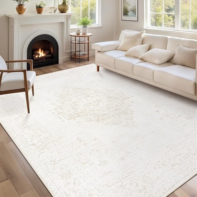Washable Rugs 5x7 Living Room Rug: Vintage Neutral Area Rugs Soft Non-Slip Indoor Low Pile Carpet for Bedroom Dining Room Nursery Office (Beige, 5' x 7')