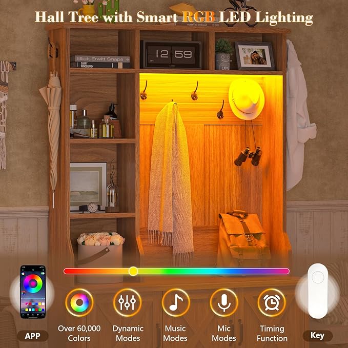CSZZD Hall Tree with Bench and Shoe Storage, Farmhouse Entryway Bench with Coat Racks and Led Lights, Tall Hall Tree with 7 Coat Hooks, 6 Storage Cubbies, Adjustable Shelf