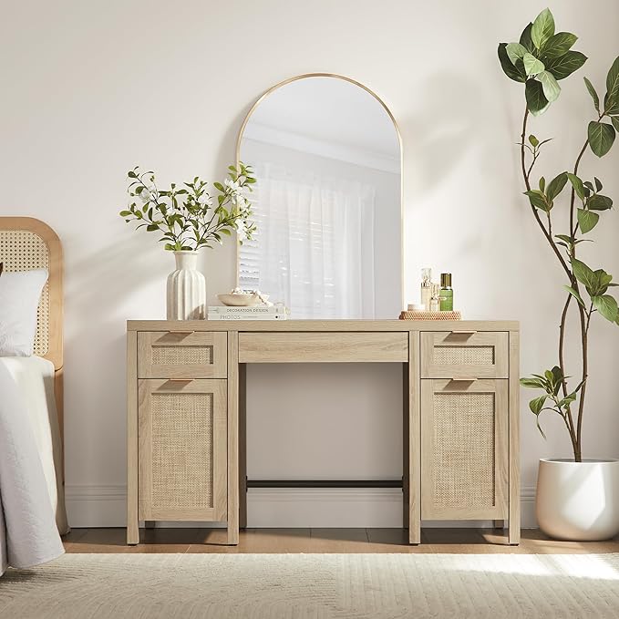 SICOTAS Rattan Executive Desk with Storage - 52" Large Home Office Desk with 3 Drawers and 2 Cabinets, Boho Computer Table for Study, Office, Living Room, Light Oak