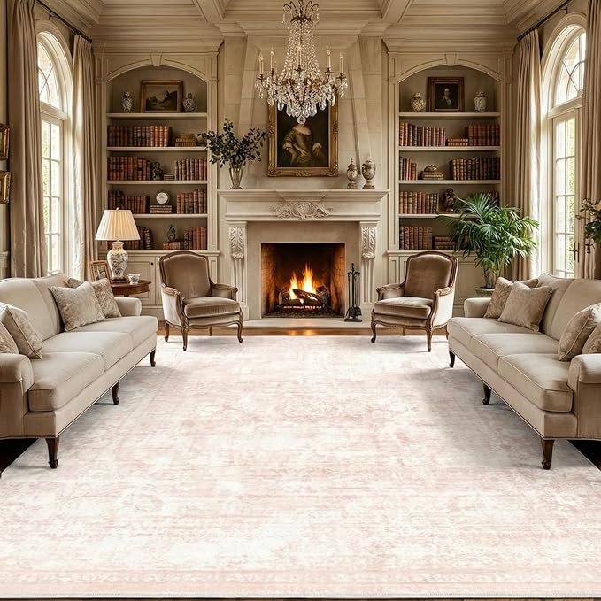 Homemate Washable Rug 10x14 Area Rugs - Vintage Faux Wool Rugs for Living Room Bedroom Dining Room - Non Slip Foldable Carpet Indoor Area Rug for Home Decor（10'x14', Pink