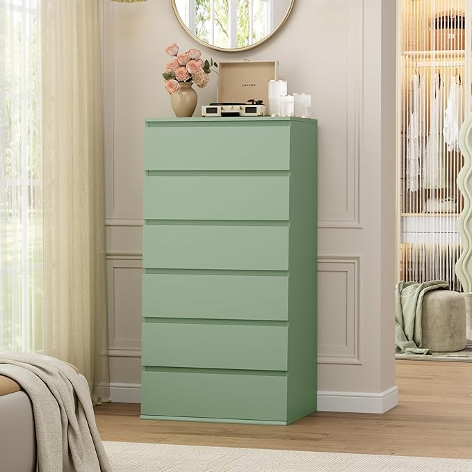 FOTOSOK Green Dresser, 6 Drawer Dresser, Modern Tall Floor Storage Cabinet with Metal Sliding Rail, Wooden Handleless Drawer Cabinet, 6-Layer Large Capacity Vertical Dressers for Home & Office