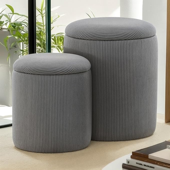 YSICK Round Ottoman with Storage, Set of 2, Small Vanity Stool as Vanity Chair, Corduroy Ottoman Foot Rest for Small Space, Living Room, Bedroom, Grey