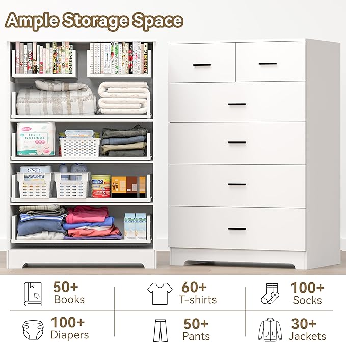 FJTJBSI Dresser with Power Outlets Wooden 6 Drawer Dresser with Large Organizer White Tall Storage Organizer with Smooth Metal Rail Modern Chest of Drawers Closet for Bedroom Hallway
