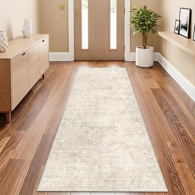 Homemate Washable Rug 2x6 Area Rugs - Vintage Faux Wool Rugs for Living Room Bedroom Dining Room - Non Slip Foldable Carpet Indoor Area Rug for Home Decor（2'x6', Beige