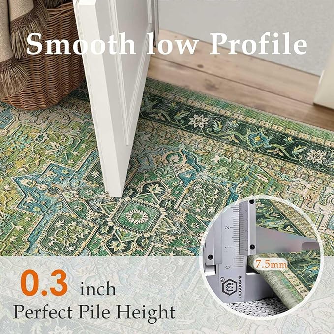 8x10 Washable Vintage Area Rug Green Oriental Living Room Bedroom Throw Rug Neutral Non Slip Soft Low Pile Carpet for Dining Room Office Nursery Indoor