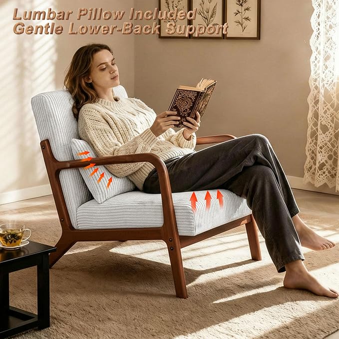 Mid Century Modern Accent Chair with Solid Rubberwood Frame, Comfy Corduroy Reading Armchair with Lumbar Pillow, Compact Lounge Chair for Bedroom, Living Room & Small Spaces