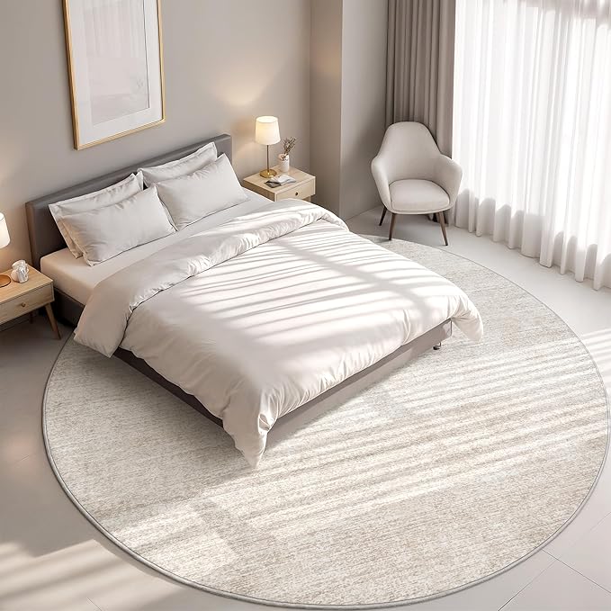Valenrug Washable Round Area Rugs 8x8 - Stain Resistant 8ft Round Rugs for Living Room, Non Slip Backing Printed Rugs for Bedroom, Folable Machine Washable Area Rug (8ft, Beige)