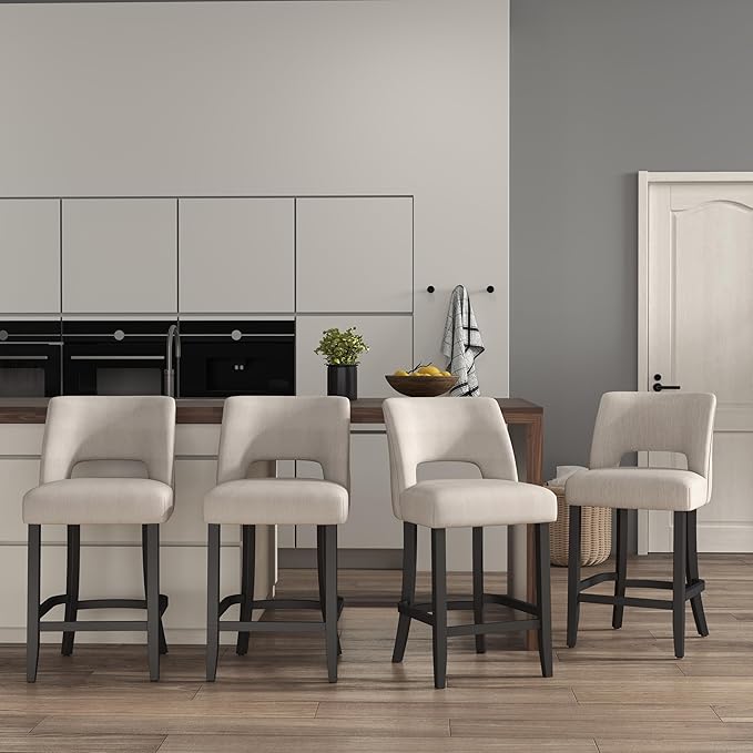 VKNOW Bar Stools Set of 4, 26" Upholstered Counter Height Bar Stools, Modern Counter Stools with Black Legs for Kitchen Island Dining Room Bar, Beige-Black Legs
