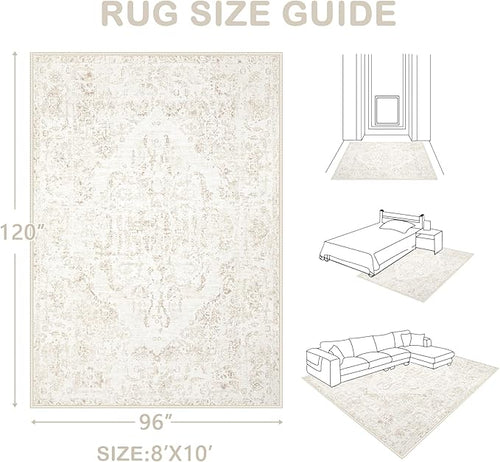 8x10 Area Rugs for Living Room: Washable Rug Vintage Large Rugs Soft Non Slip Low Pile Rug Floral Distressed Floor Carpet for Bedroom Kitchen Nursery Dining Room Home Office (Beige, 8'x10')