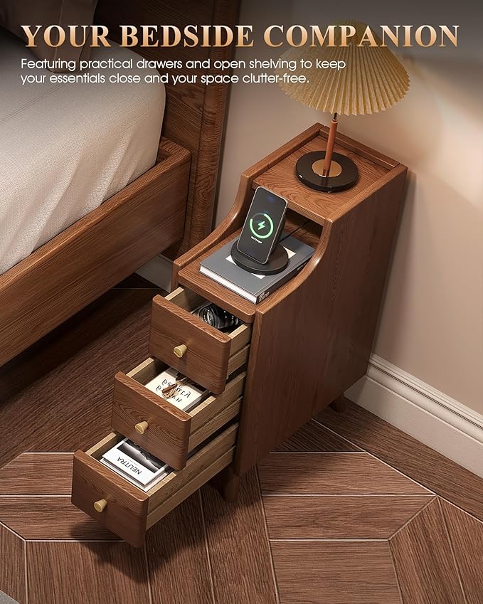 Narrow Nightstand with Drawers, 7.9" Solid Wood Nightstand with Open Shelf & Cable Hole, Modern Night Stand Slim Bedside Table for Small Spaces, Bedroom, Living Room, Study