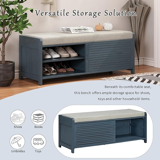 LUMISOL Shoe Bench with Storage and Cushion, Farmhouse Distressed Shutter Storage Bench with Retro Charm for Living Room, Entryway, Navy